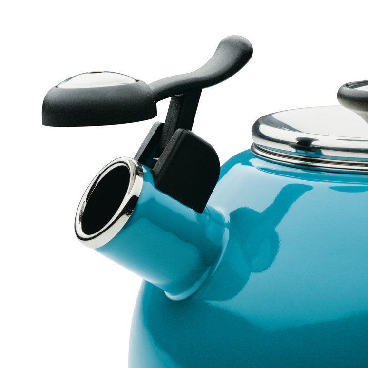 Turquoise Enamel Steel Whistling Teakettle with Flip-Up Spout, 2-Quart