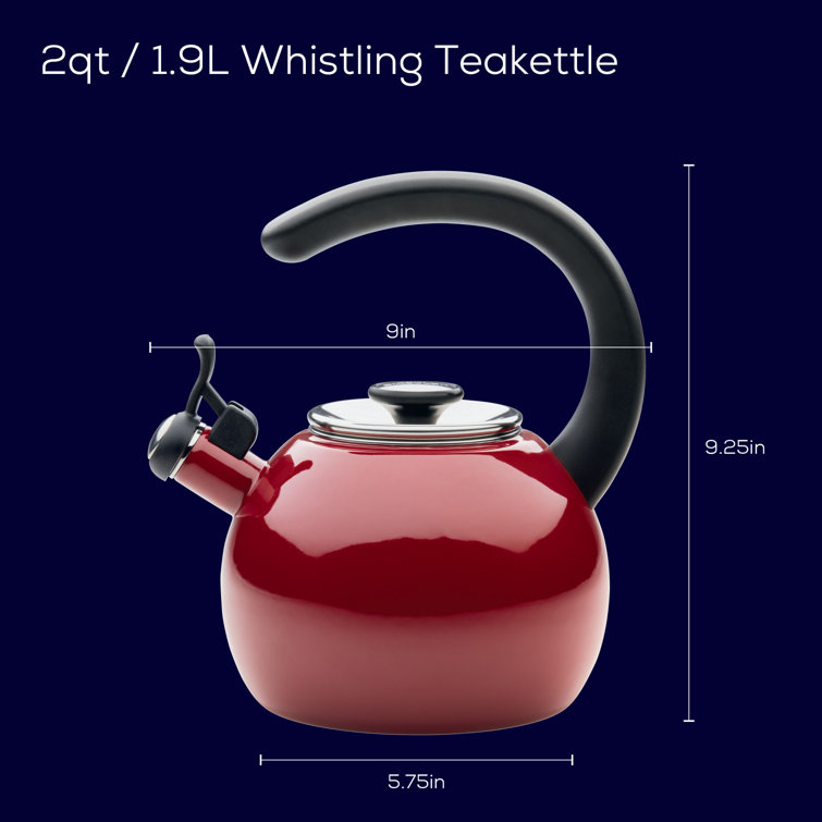 Red Enamel Steel Whistling Teakettle with Flip-Up Spout, 2-Quart