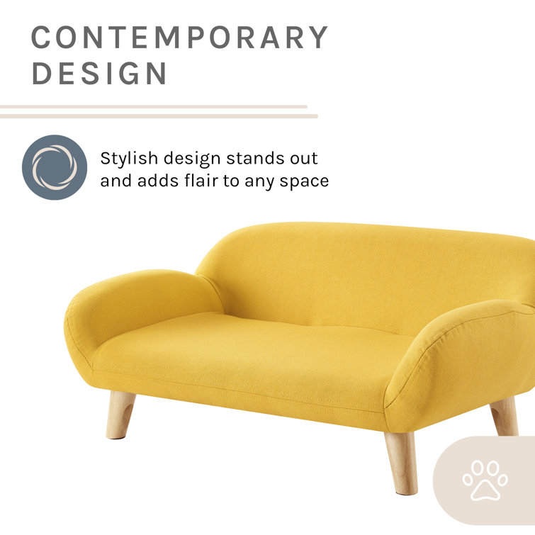 Medium Yellow Fabric Pet Sofa with Wooden Legs