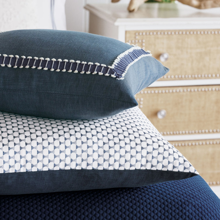 Blue and White Embroidered Square Linen Throw Pillow