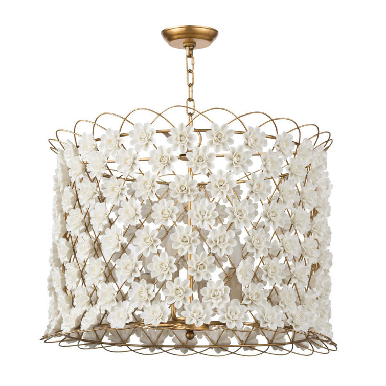 Elegant White & Gold Leaf Drum Chandelier with 4-Light Candelabra