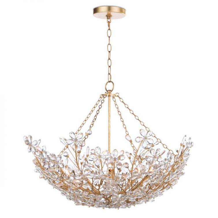 Elegant Gold Leaf 27.5" Chandelier with Crystal Accents