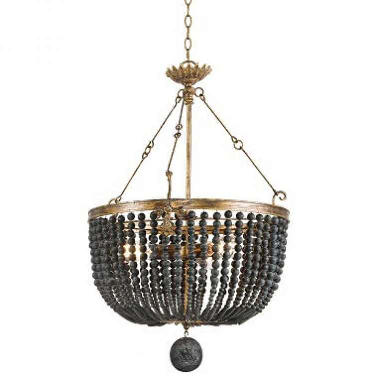 Black Beaded Wood Chandelier with Steel Frame