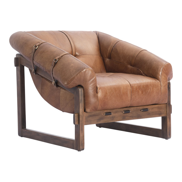Bellos Brown Leather Club Chair with Dark Rubberwood Frame