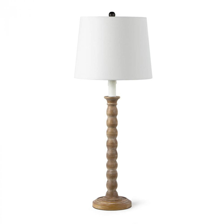 Natural Wood and Polished Brass Buffet Lamp with Linen Shade