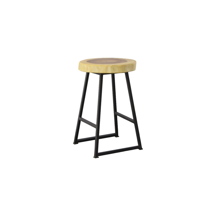 Natural Wood and Black Metal Round Bar Stool