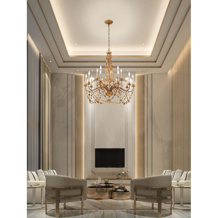 Gold Leaf 15-Light Candelabra Chandelier with Wrought Iron Frame