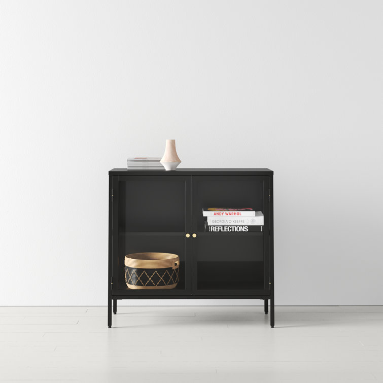 Black and Gold Metal Glass-Paned Storage Cabinet