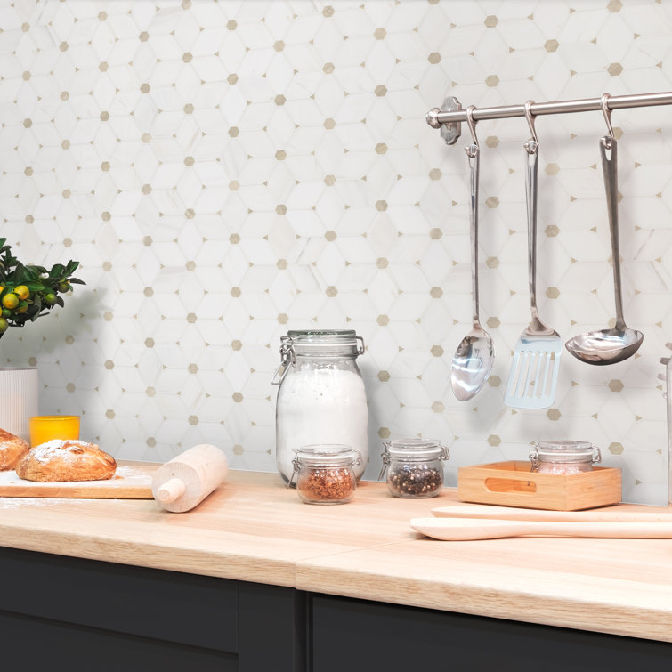 Cecily Polished White Marble Mosaic Tile with Geometric Pattern