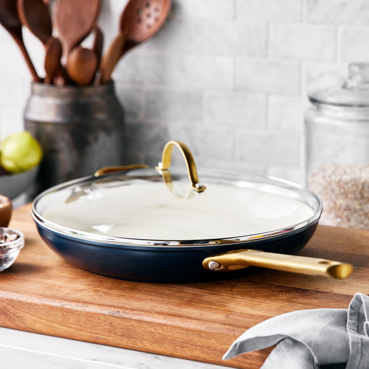 Twilight Blue Ceramic Nonstick 12" Frypan with Gold Handle and Lid