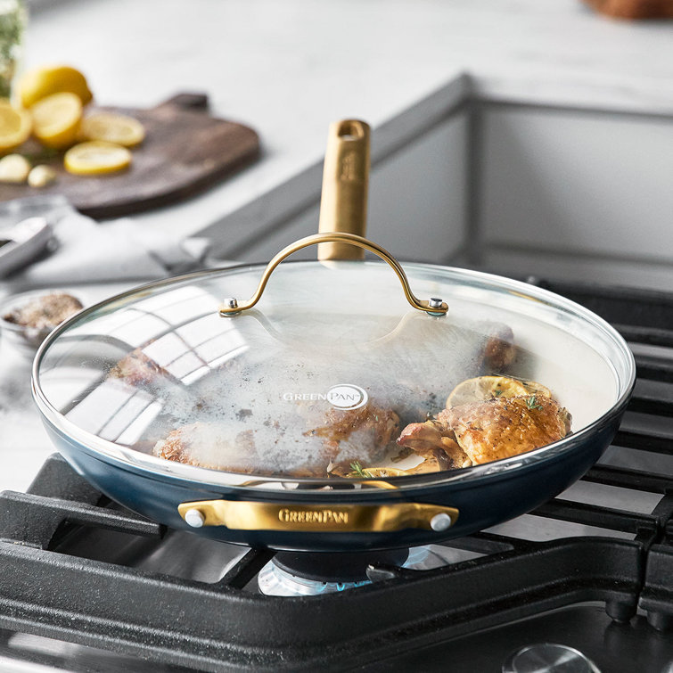 Twilight Blue Ceramic Nonstick 12" Frypan with Gold Handle and Lid
