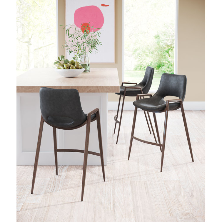 Black Leather and Walnut Wood Counter Stools, Set of 2