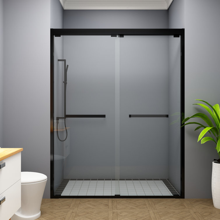 60" Matte Black Semi-Frameless Sliding Shower Door with Clear Glass