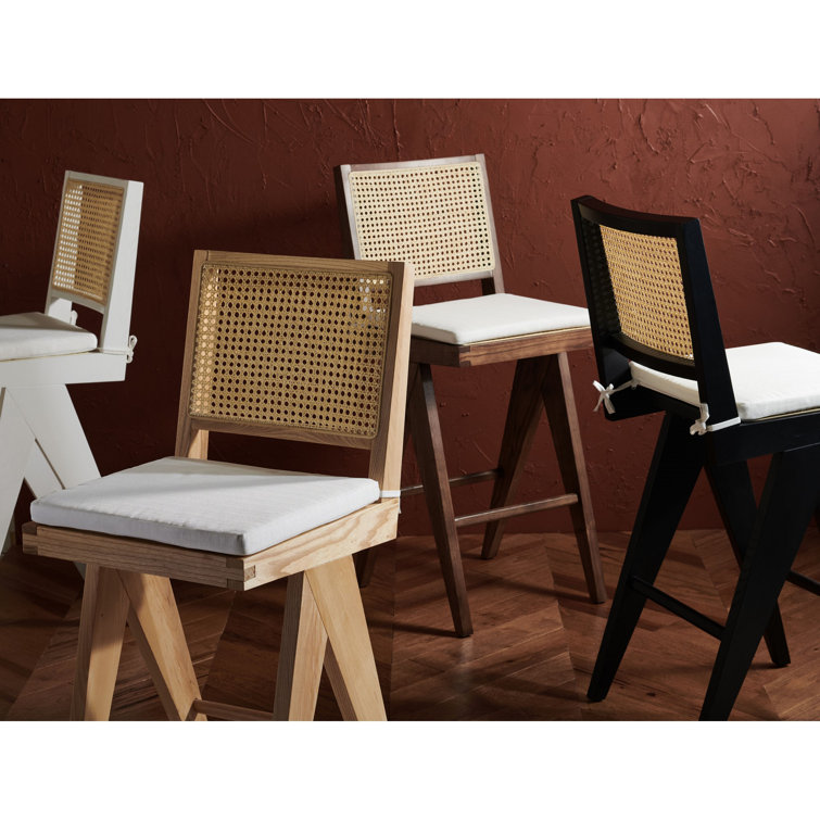 Colette Black and Natural Wood Bar Stool with Rattan Back
