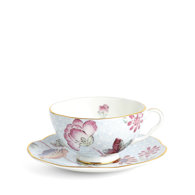 Wedgwood Cuckoo Blue Floral Porcelain Teacup and Saucer Set