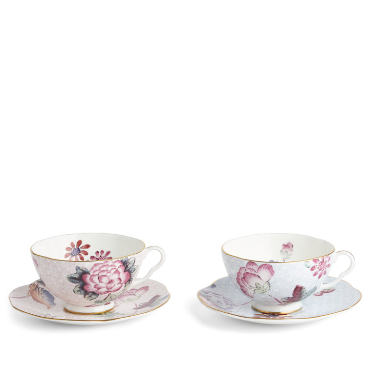 Pink and Blue Fine Bone China Teacup & Saucer Set with Gold Trim