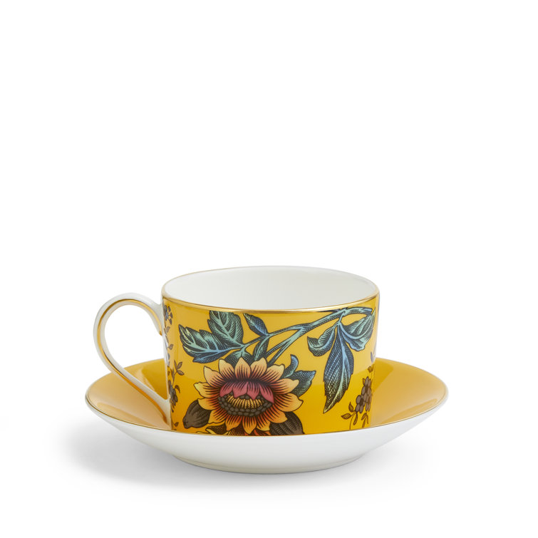 Yellow Floral Ceramic Teacup and Saucer Set