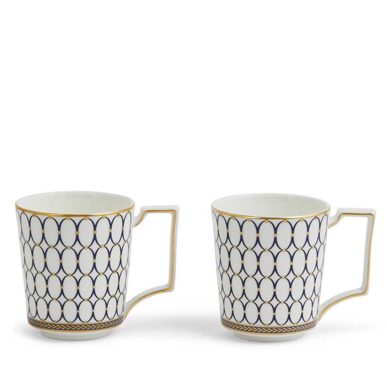 Geometric Blue and Gold Ceramic Mug Set of 2