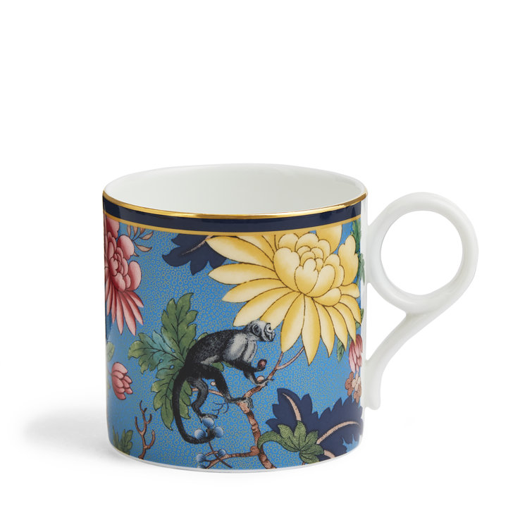 Large Blue Ceramic Mug with Exotic Floral Design