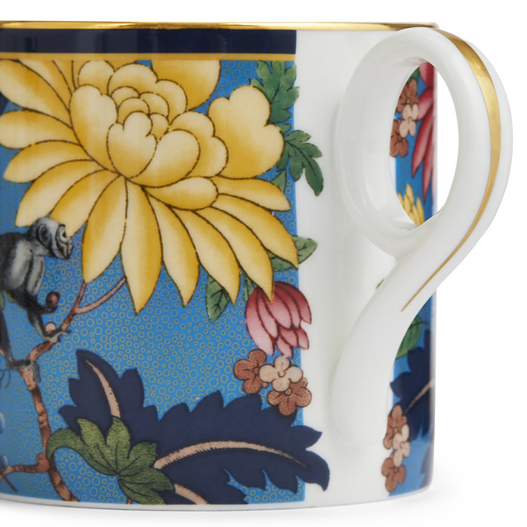 Large Blue Ceramic Mug with Exotic Floral Design