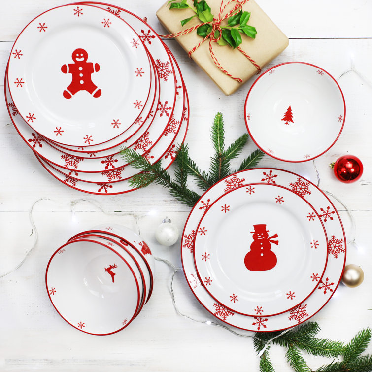 Winterfest Red and White Ceramic Holiday Dinnerware Set, Service for 4