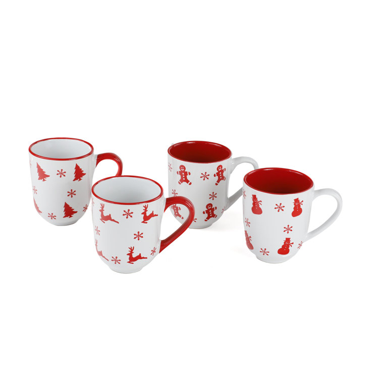 Winterfest Ceramic 12oz Christmas Mugs Set of 4, Red and White