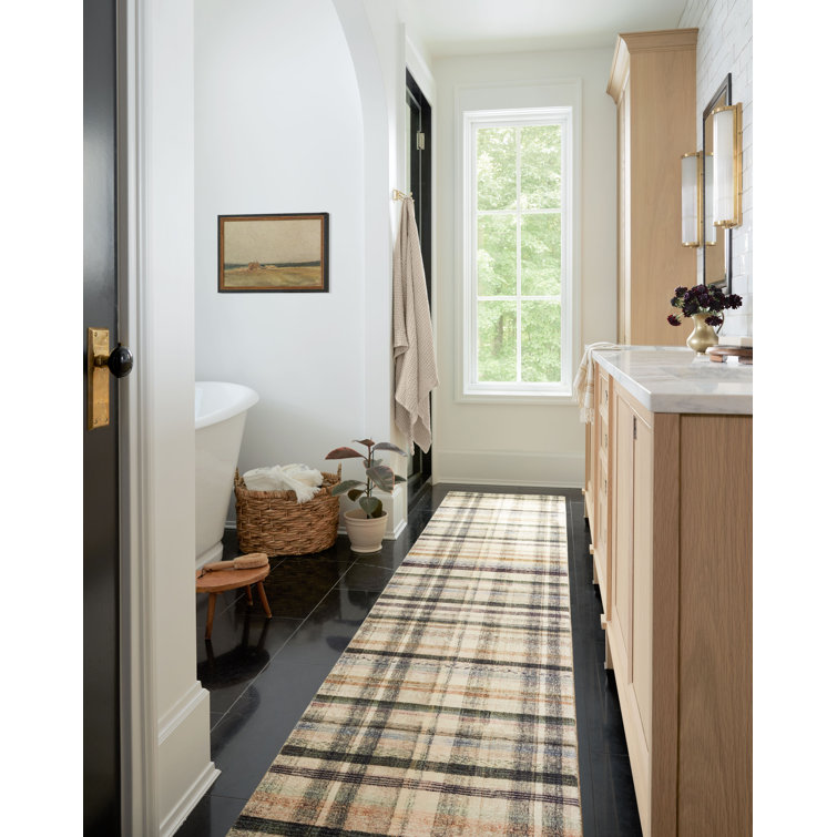 Ivory and Multi Plaid Synthetic Runner Rug 2'3" x 11'6"