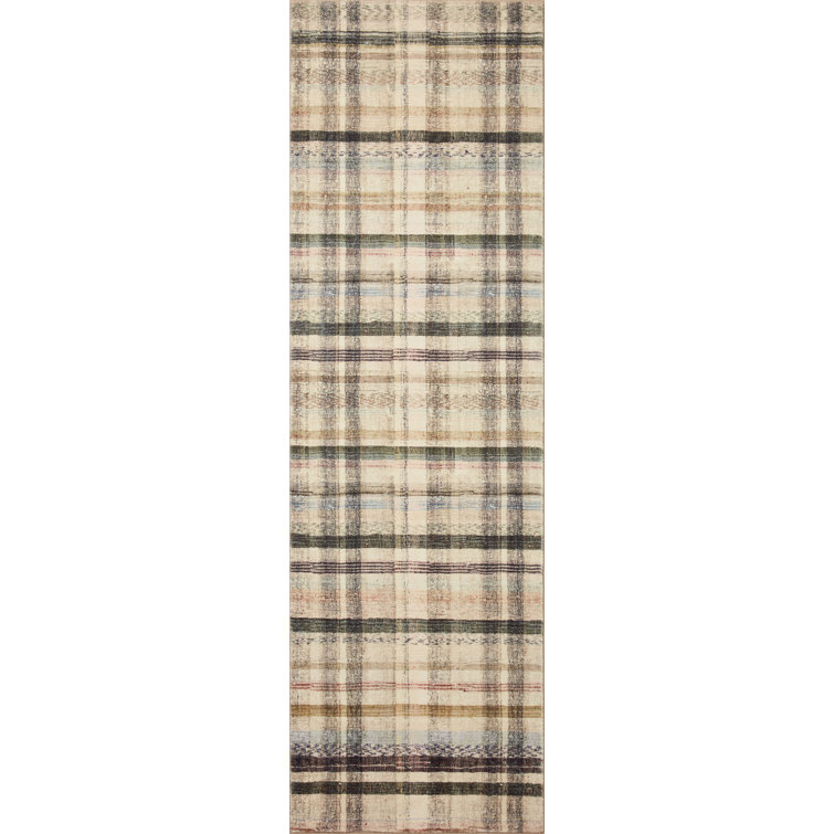 Ivory and Multi Plaid Synthetic Runner Rug 2'3" x 11'6"