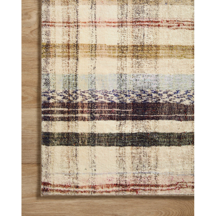 Ivory and Multi Plaid Synthetic Runner Rug 2'3" x 11'6"