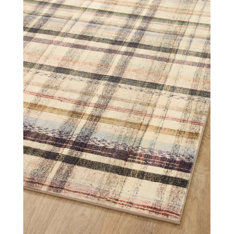 Ivory and Multi Plaid Synthetic Runner Rug 2'3" x 11'6"