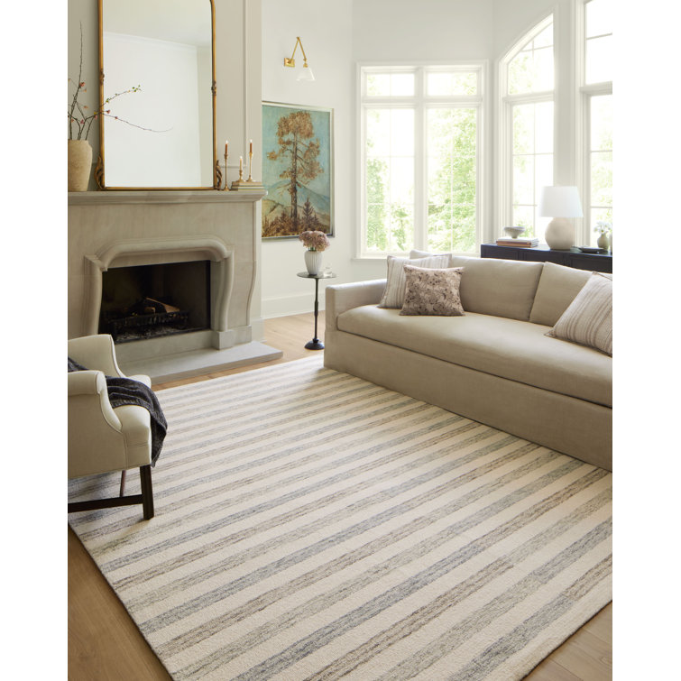 Ivory Stripe Tufted Wool Area Rug 9'3" x 13' - Handmade and Durable