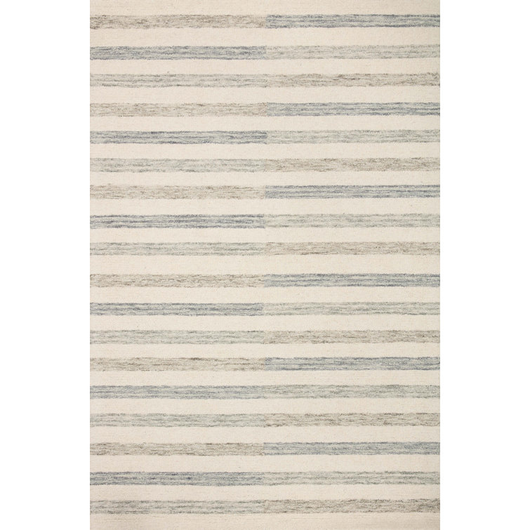 Ivory Stripe Tufted Wool Area Rug 9'3" x 13' - Handmade and Durable