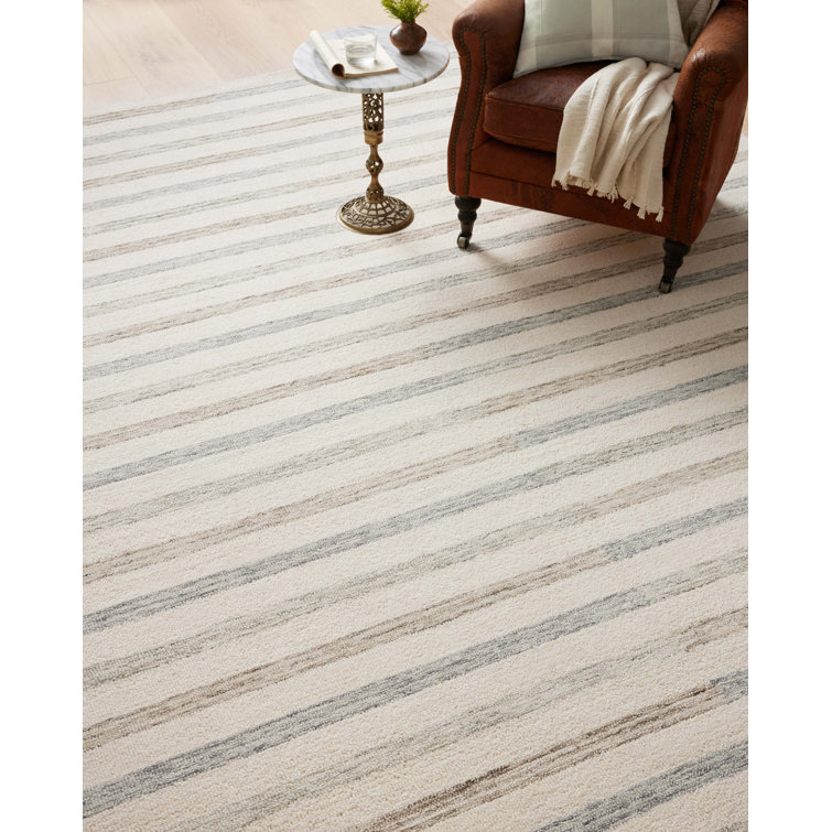 Handmade Ivory Stripe High Pile Wool Area Rug 11'6" x 15'