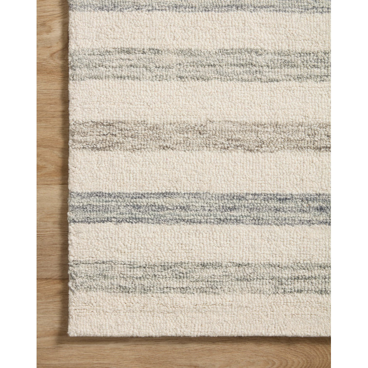 Ivory Stripe Tufted Wool Area Rug 9'3" x 13' - Handmade and Durable
