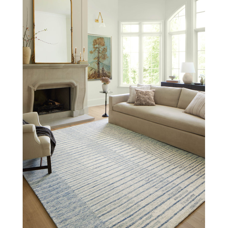 Ivory and Denim Striped Wool Handmade Area Rug 2'-3" x 3'-9"