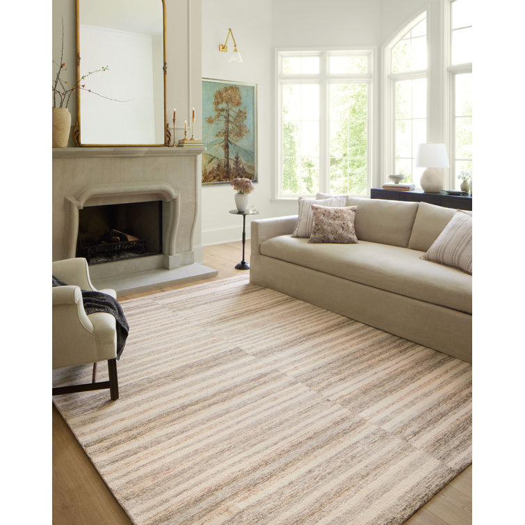 Ivory Stripe Tufted Wool Area Rug 3'6" x 5'6" Handmade and Stain-Resistant