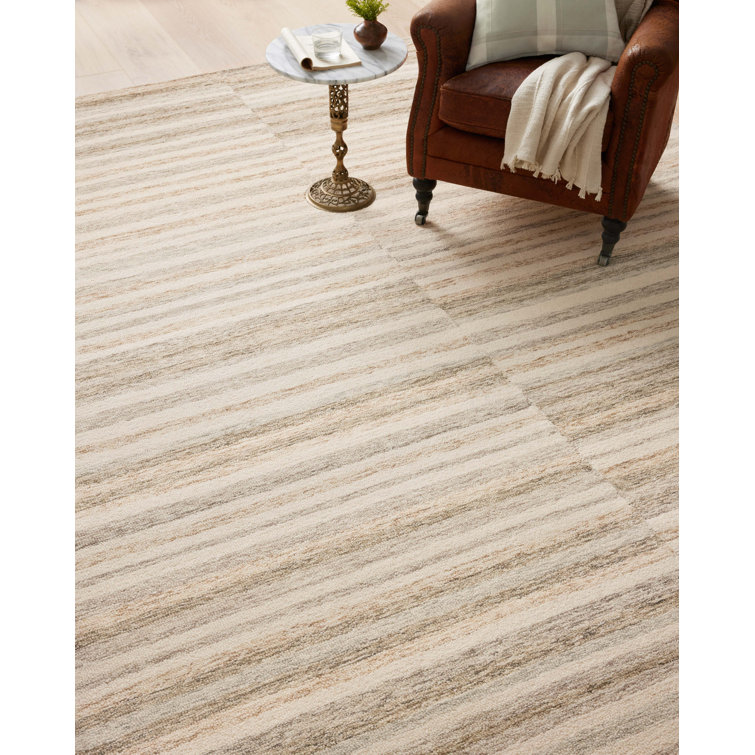 Ivory Stripe Tufted Wool Area Rug 3'6" x 5'6" Handmade and Stain-Resistant