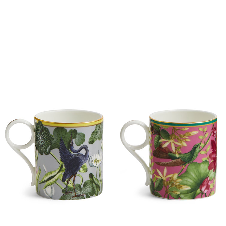 Pink and Green Ceramic Floral Animal Print Mug Set