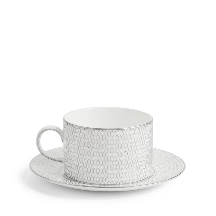White Geometric Platinum Teacup and Saucer Set