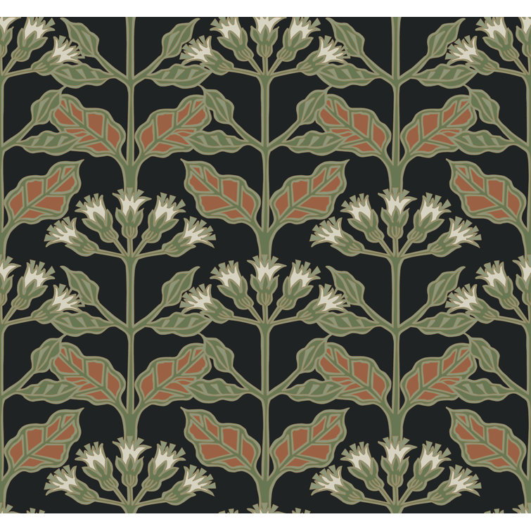 Black Floral Nonwoven Wallpaper with Metallic Accents