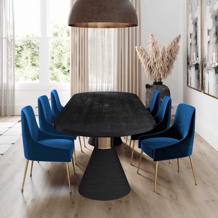 Navy Velvet Upholstered Side Chair with Gold Tapered Legs