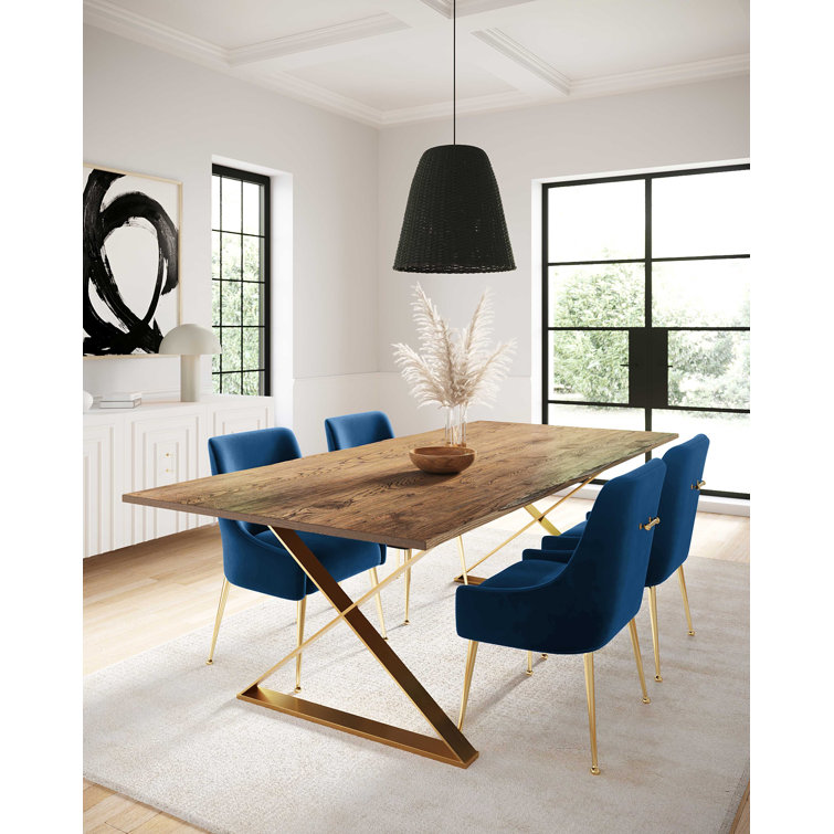 Navy Velvet Upholstered Side Chair with Gold Tapered Legs