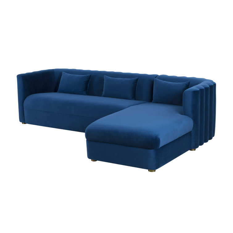 Callie Navy Velvet Scallop Tufted Sectional with Brushed Gold Legs