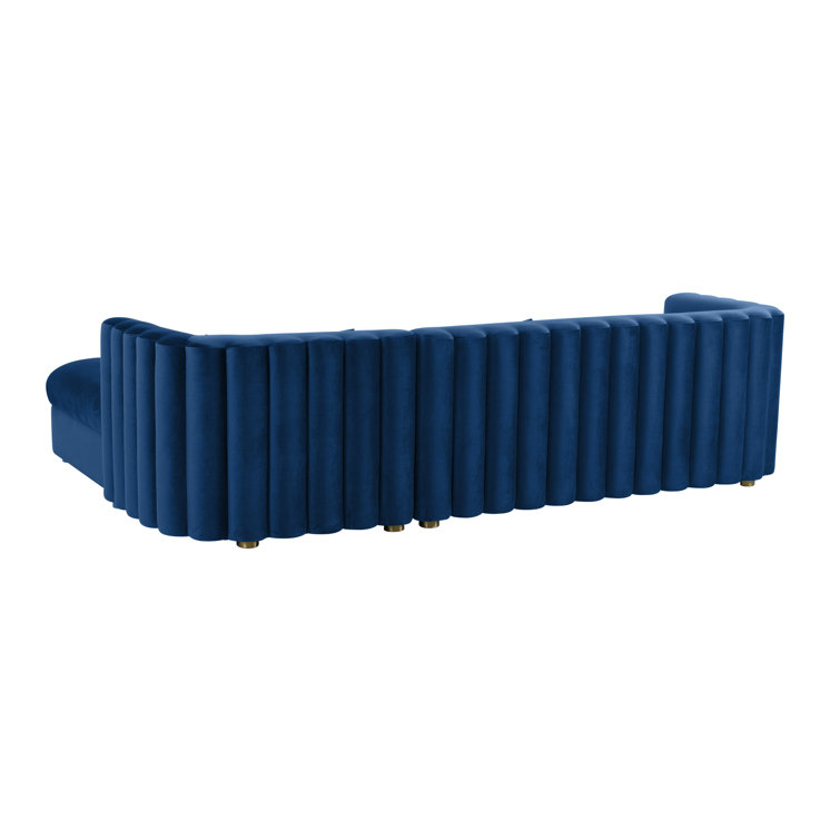 Callie Navy Velvet Scallop Tufted Sectional with Brushed Gold Legs