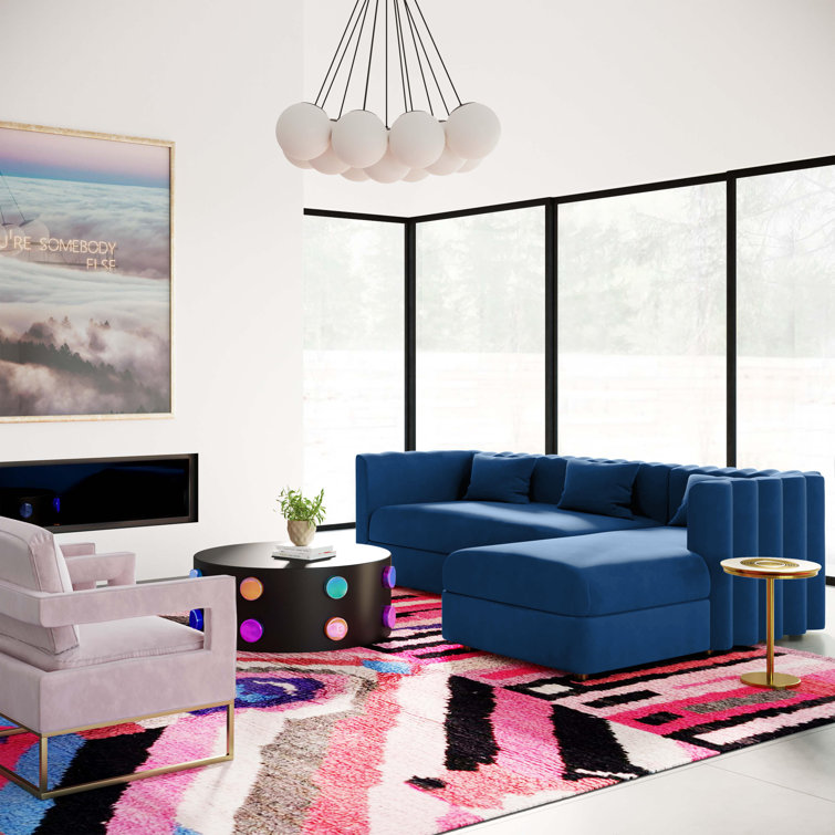 Callie Navy Velvet Scallop Tufted Sectional with Brushed Gold Legs
