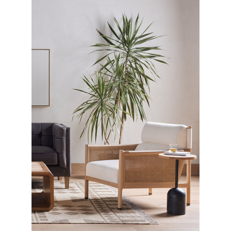 Chenille Olive Green Accent Chair with Rattan Inlay and Wooden Frame