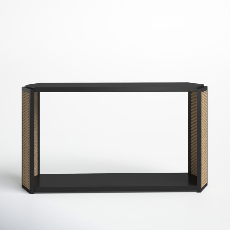 Black Wood Console Table with Woven Rattan Sides