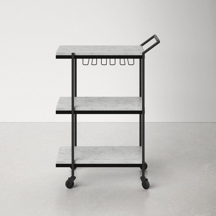 White Marble and Black Iron Bar Cart with Storage