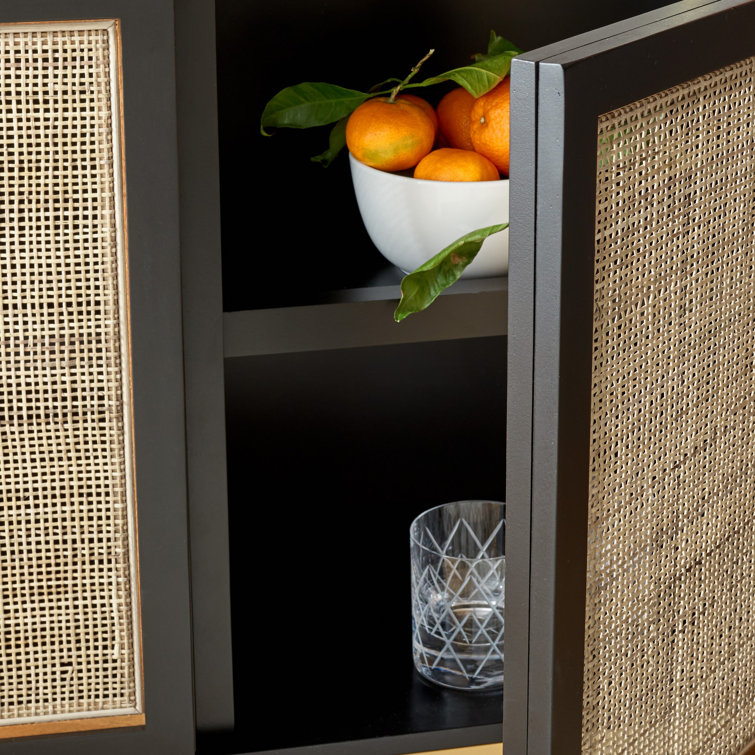 Zadie Coastal Black and Gold Rattan Sideboard with Storage