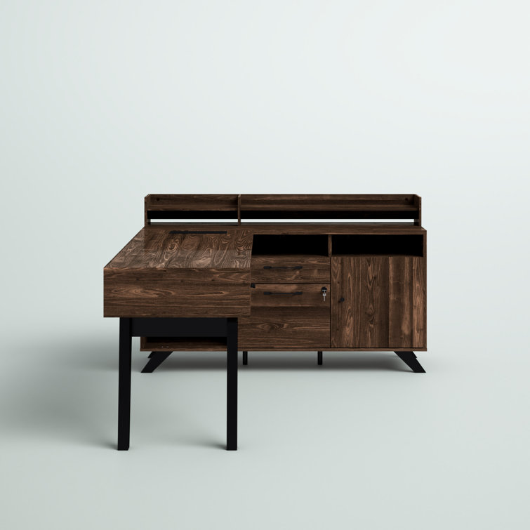 Natural Walnut L-Shaped Executive Desk with Hutch and Power Outlet